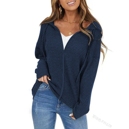 Women's Sweater Cardigan, Women's Autumn and Winter Zipper Long Sleeve Knit Drawstring Hooded Cardigan, Solid Color Top