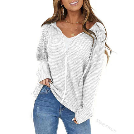 Women's Sweater Cardigan, Women's Autumn and Winter Zipper Long Sleeve Knit Drawstring Hooded Cardigan, Solid Color Top