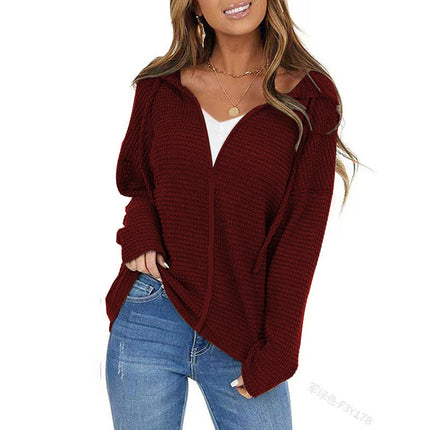 Women's Sweater Cardigan, Women's Autumn and Winter Zipper Long Sleeve Knit Drawstring Hooded Cardigan, Solid Color Top