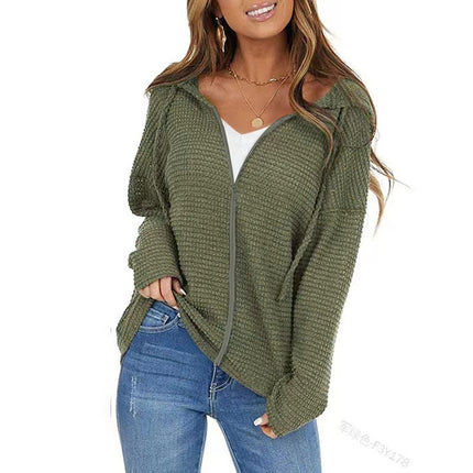 Women's Sweater Cardigan, Women's Autumn and Winter Zipper Long Sleeve Knit Drawstring Hooded Cardigan, Solid Color Top