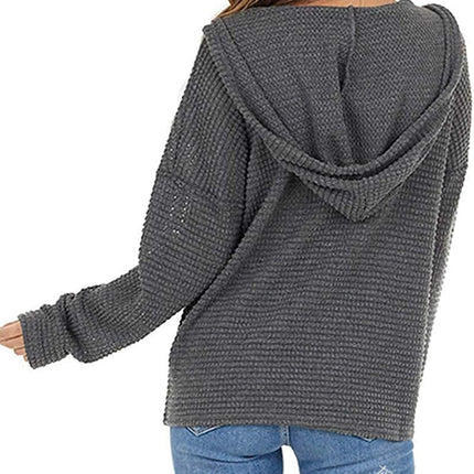 Women's Sweater Cardigan, Women's Autumn and Winter Zipper Long Sleeve Knit Drawstring Hooded Cardigan, Solid Color Top