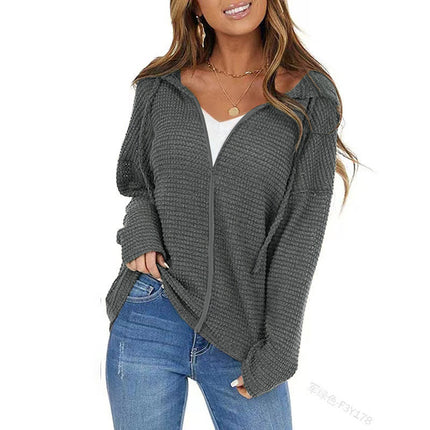 Women's Sweater Cardigan, Women's Autumn and Winter Zipper Long Sleeve Knit Drawstring Hooded Cardigan, Solid Color Top