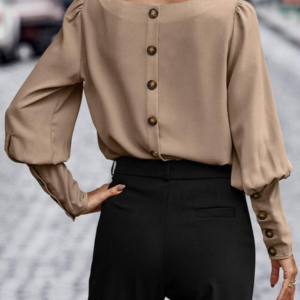 Women's Round Collar Solid Color Button Back Long Sleeve Shirt Fashion Casual Loose Women's Top T Shirt