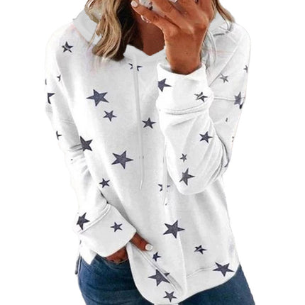 Women's Casual Wrinkle Collar Star Printed Sweatshirt Long Sleeve Loose Pullover Basic Side Split Hoodie Top