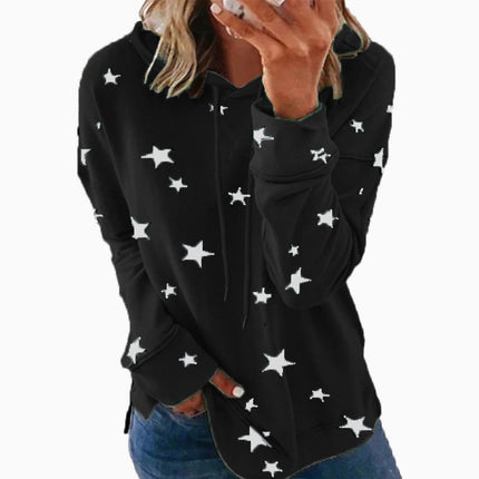 Women's Casual Wrinkle Collar Star Printed Sweatshirt Long Sleeve Loose Pullover Basic Side Split Hoodie Top