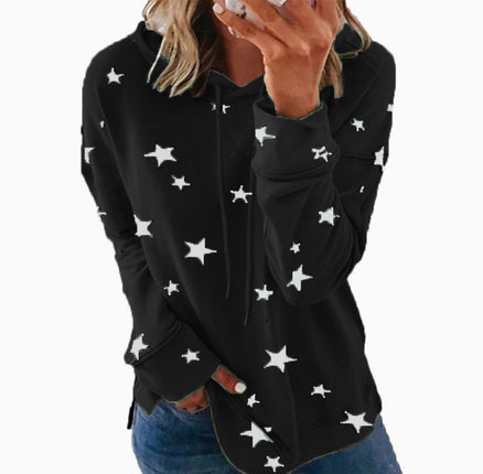 Women's Casual Wrinkle Collar Star Printed Sweatshirt Long Sleeve Loose Pullover Basic Side Split Hoodie Top