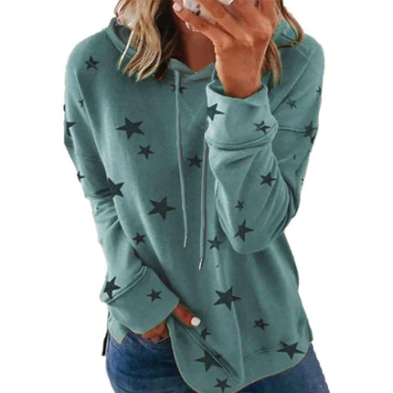 Women's Casual Wrinkle Collar Star Printed Sweatshirt Long Sleeve Loose Pullover Basic Side Split Hoodie Top