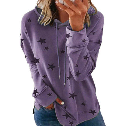 Women's Casual Wrinkle Collar Star Printed Sweatshirt Long Sleeve Loose Pullover Basic Side Split Hoodie Top