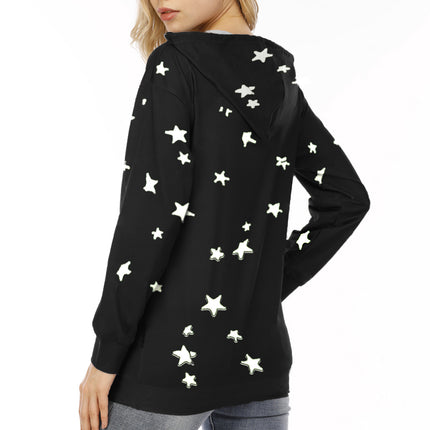 Women's Casual Wrinkle Collar Star Printed Sweatshirt Long Sleeve Loose Pullover Basic Side Split Hoodie Top