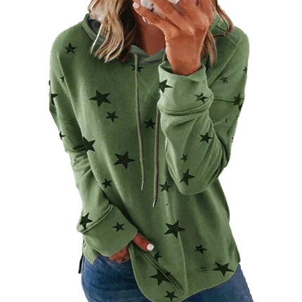 Women's Casual Wrinkle Collar Star Printed Sweatshirt Long Sleeve Loose Pullover Basic Side Split Hoodie Top