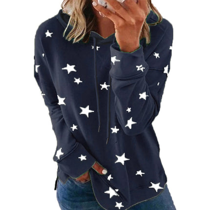 Women's Casual Wrinkle Collar Star Printed Sweatshirt Long Sleeve Loose Pullover Basic Side Split Hoodie Top