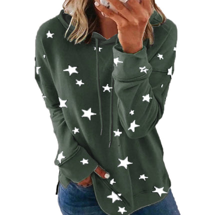 Women's Casual Wrinkle Collar Star Printed Sweatshirt Long Sleeve Loose Pullover Basic Side Split Hoodie Top