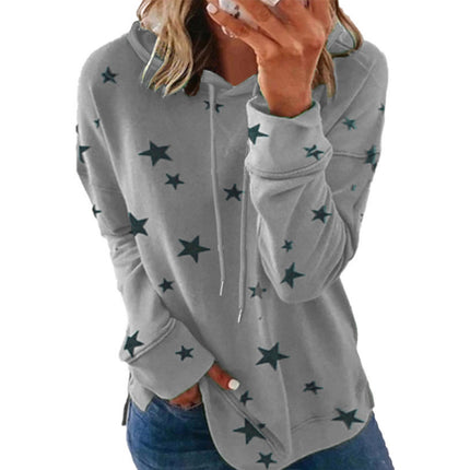 Women's Casual Wrinkle Collar Star Printed Sweatshirt Long Sleeve Loose Pullover Basic Side Split Hoodie Top