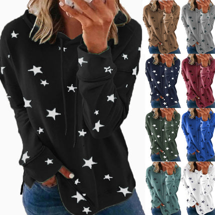 Women's Casual Wrinkle Collar Star Printed Sweatshirt Long Sleeve Loose Pullover Basic Side Split Hoodie Top