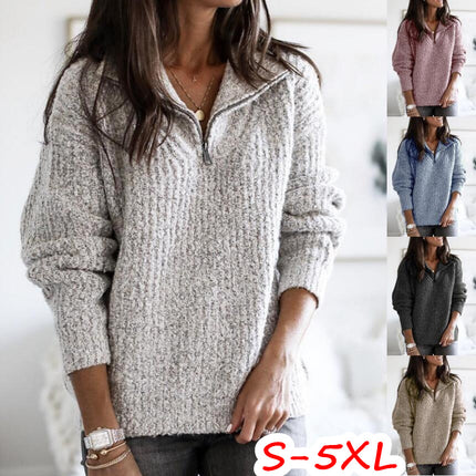 Women's Casual Long Sleeve Half Zipper Pullover Sweater Solid Color V-Neck Ribbed Knit Loose Sweater Top