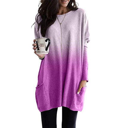 Women's Spring and Autumn Casual Printed Round Neck Long Sleeve Long T Shirt Top Pocket Sleeve Loose Top 2