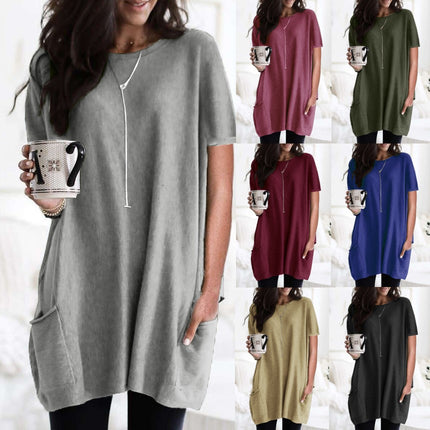 Women's Spring and Autumn Casual Printed Round Neck Long Sleeve Long T Shirt Top Pocket Sleeve Loose Top 1