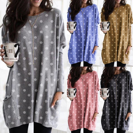 Women's Spring and Autumn Casual Printed Round Neck Long Sleeve Long T Shirt Top Pocket Sleeve Loose Top 1