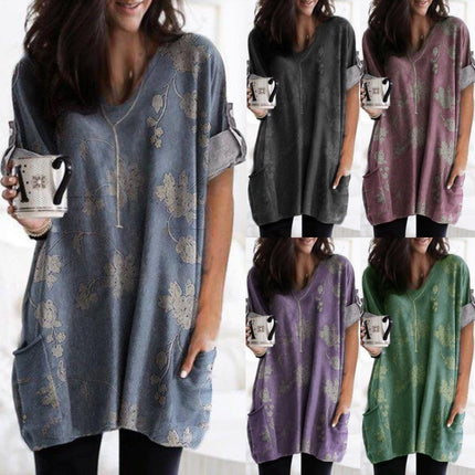 Women's Spring and Autumn Casual Printed Round Neck Long Sleeve Long T Shirt Top Pocket Sleeve Loose Top 1