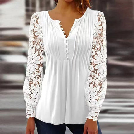 Women's Long Sleeve Tops Women's Spring and Autumn Lace Lace Sleeve Pressure Pleated Solid Color Button t-shirt Bottom Shirt