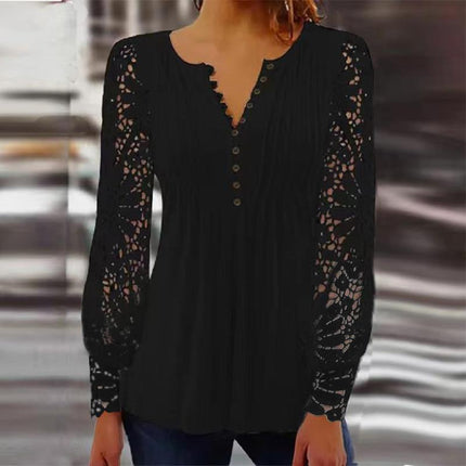 Women's Long Sleeve Tops Women's Spring and Autumn Lace Lace Sleeve Pressure Pleated Solid Color Button t-shirt Bottom Shirt