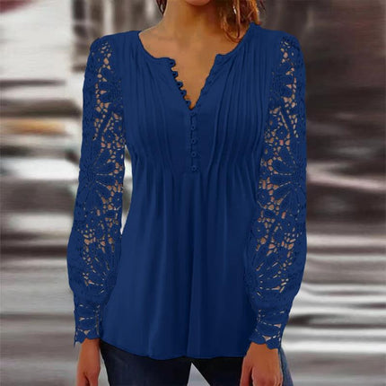 Women's Long Sleeve Tops Women's Spring and Autumn Lace Lace Sleeve Pressure Pleated Solid Color Button t-shirt Bottom Shirt