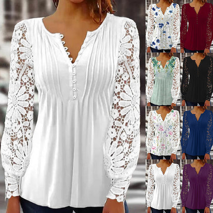 Women's Long Sleeve Tops Women's Spring and Autumn Lace Lace Sleeve Pressure Pleated Solid Color Button t-shirt Bottom Shirt