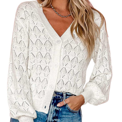 Crochet Eyelet Cardigan Women's Sweater Autumn Cardigan Lightweight V-Neck Button Sweater Loose Knit Jacket