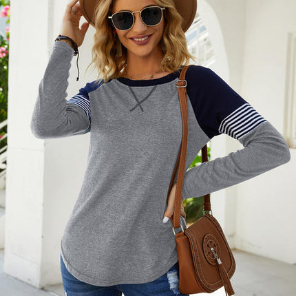 Big Size Women's Tops Striped Splicing Long Sleeve Round Neck Casual Comfortable Loose Pullover Fashion T Shirt