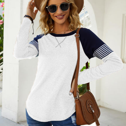 Big Size Women's Tops Striped Splicing Long Sleeve Round Neck Casual Comfortable Loose Pullover Fashion T Shirt