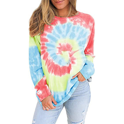 Women's Casual Colorblocking Tie-Dye Round Neck Long Sleeve Loose Pullover Sweatshirt Long Sleeve Top