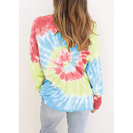 Women's Casual Colorblocking Tie-Dye Round Neck Long Sleeve Loose Pullover Sweatshirt Long Sleeve Top