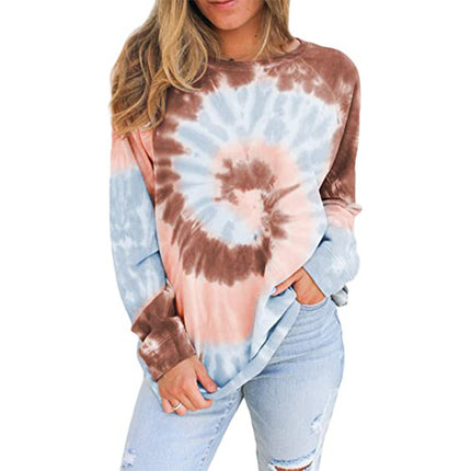 Women's Casual Colorblocking Tie-Dye Round Neck Long Sleeve Loose Pullover Sweatshirt Long Sleeve Top