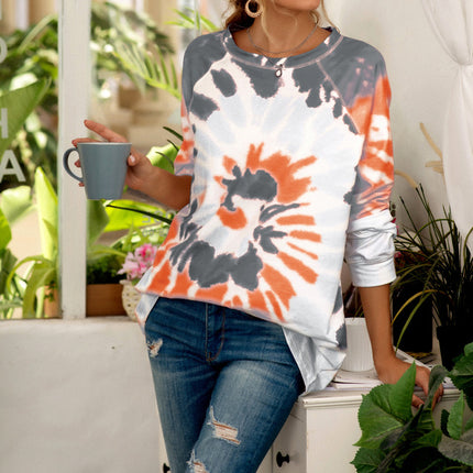 Women's Casual Colorblocking Tie-Dye Round Neck Long Sleeve Loose Pullover Sweatshirt Long Sleeve Top