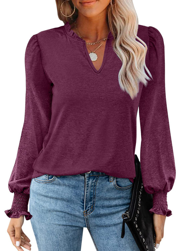 Women's Long Sleeve Shirt Autumn Bubble Sleeve V-Neck Solid Color Tops Fluffy Casual Loose Tops