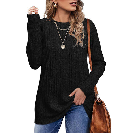 Women's Shirt Trendy Round Neck Long Sleeve Pullover Sweater Frosted Stripe Solid Color Tops Autumn T Shirt Wear with Leggings