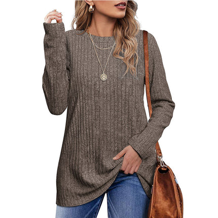 Women's Shirt Trendy Round Neck Long Sleeve Pullover Sweater Frosted Stripe Solid Color Tops Autumn T Shirt Wear with Leggings