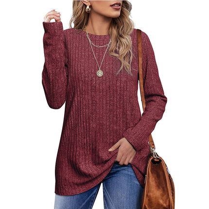 Women's Shirt Trendy Round Neck Long Sleeve Pullover Sweater Frosted Stripe Solid Color Tops Autumn T Shirt Wear with Leggings