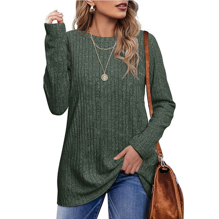 Women's Shirt Trendy Round Neck Long Sleeve Pullover Sweater Frosted Stripe Solid Color Tops Autumn T Shirt Wear with Leggings