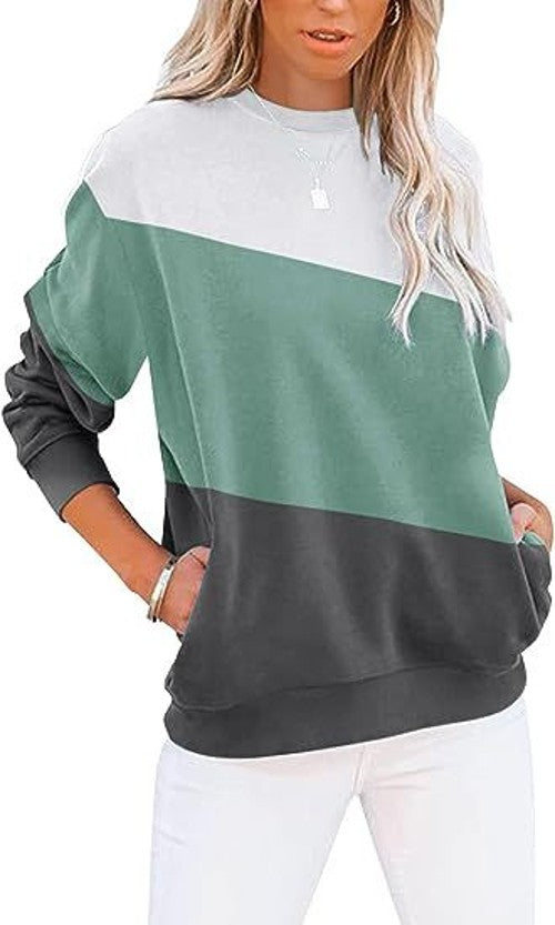 Women's Colorblocking Casual Long Sleeve Top Round Neck Sweatshirt Loose Pullover Pocket Sweatshirt 1