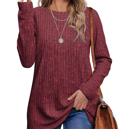 Women's Shirt Trendy Round Neck Long Sleeve Pullover Sweater Frosted Stripe Solid Color Tops Autumn T Shirt Wear with Leggings