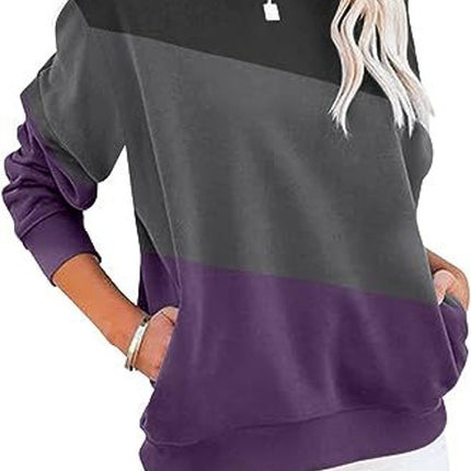 Women's Colorblocking Casual Long Sleeve Top Round Neck Sweatshirt Loose Pullover Pocket Sweatshirt 1