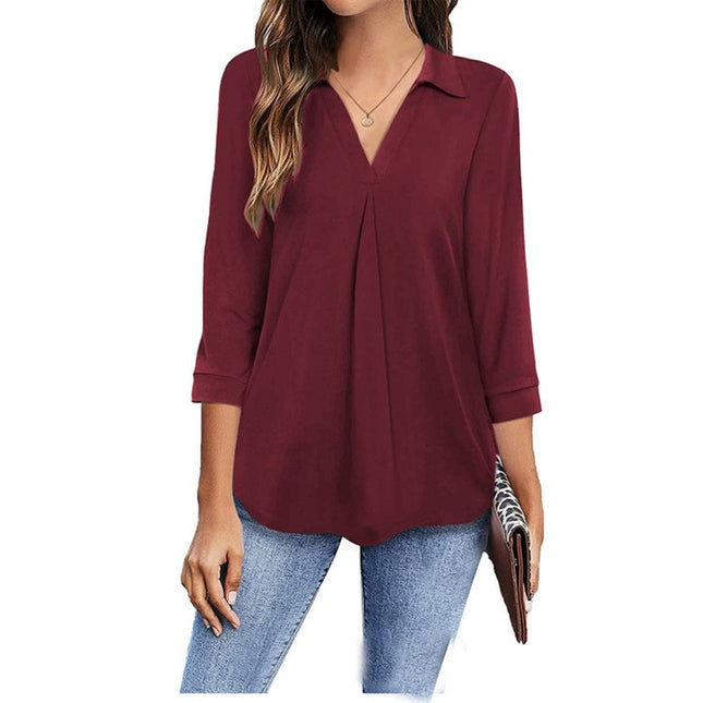 Ladies Casual Business Shirt Long Sleeve Lapel V Neck Tunic Pure Color Seven-Quarter Sleeve Loose Comfortable Pullover Top