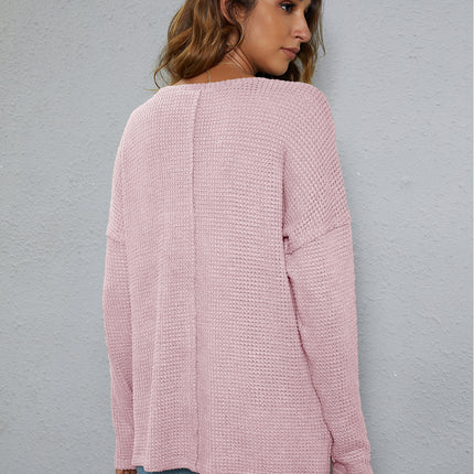 Waffle Knit V Neck Long Sleeve Pocket Casual Top Loose Solid Color Shirt Women Pullover Side Split Pullover