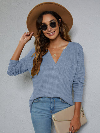 Waffle Knit V Neck Long Sleeve Pocket Casual Top Loose Solid Color Shirt Women Pullover Side Split Pullover