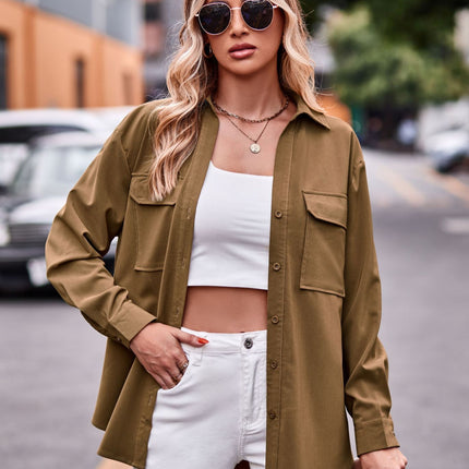 Women's Long Sleeve Button Down Shirt Casual Loose With Collar Single Breasted Shirt With Double Chest Pocket Solid Color Shirt