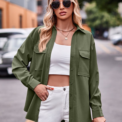 Women's Long Sleeve Button Down Shirt Casual Loose With Collar Single Breasted Shirt With Double Chest Pocket Solid Color Shirt