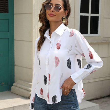 Women's Casual Lapel Shirt Simple Trend Printing Causal Long Sleeves Shirt Printed Feather Fashion Shirt