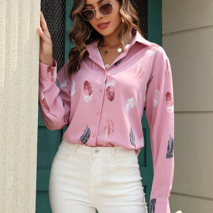 Women's Casual Lapel Shirt Simple Trend Printing Causal Long Sleeves Shirt Printed Feather Fashion Shirt