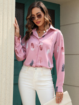 Women's Casual Lapel Shirt Simple Trend Printing Causal Long Sleeves Shirt Printed Feather Fashion Shirt